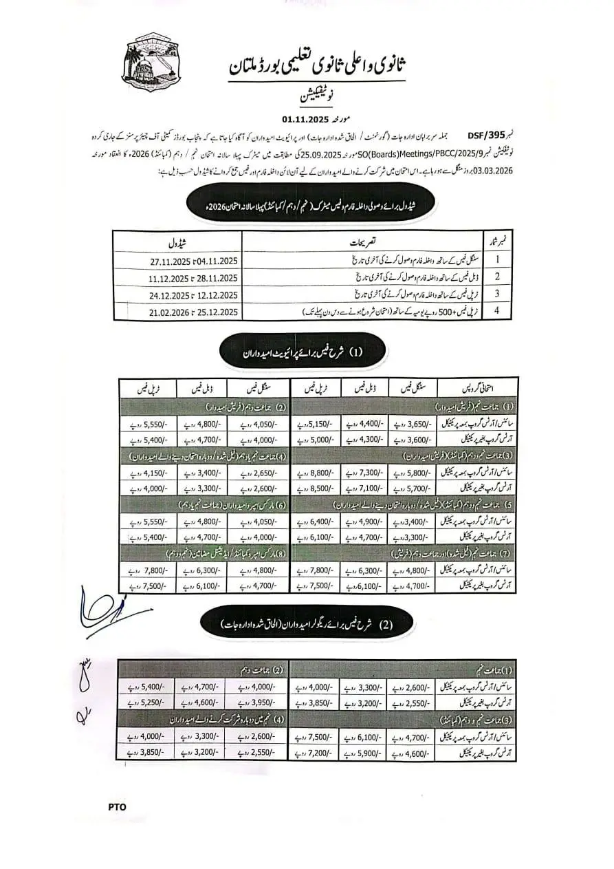 Multan Board Matric Exam 2026 Admission Schedule