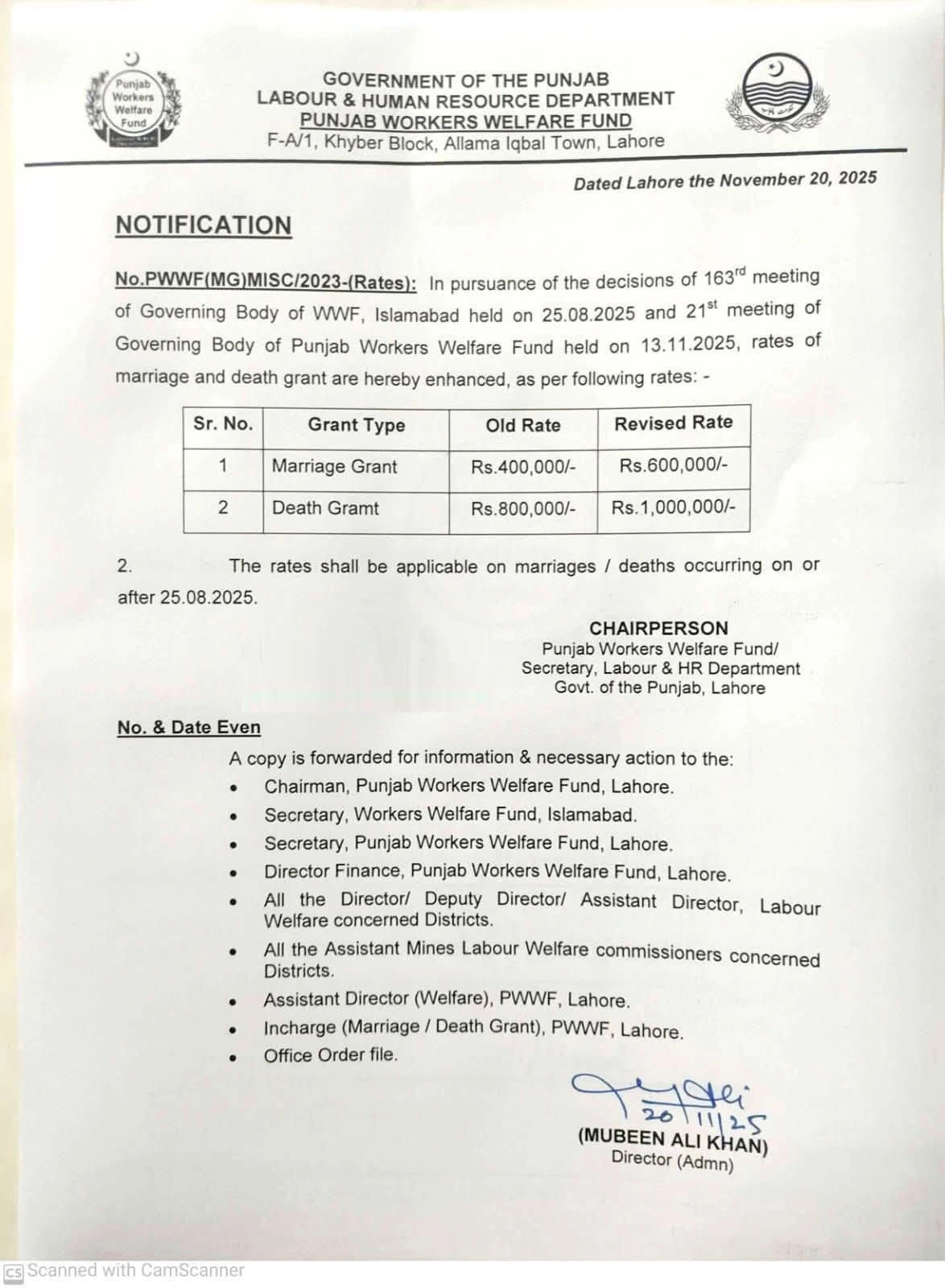 PWWF Marriage & Death Grant Notification 2025