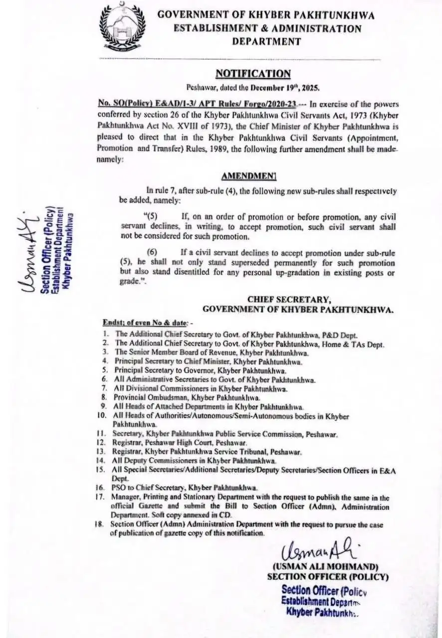 Notification of KPK Govt New Promotion Rules 2025-26