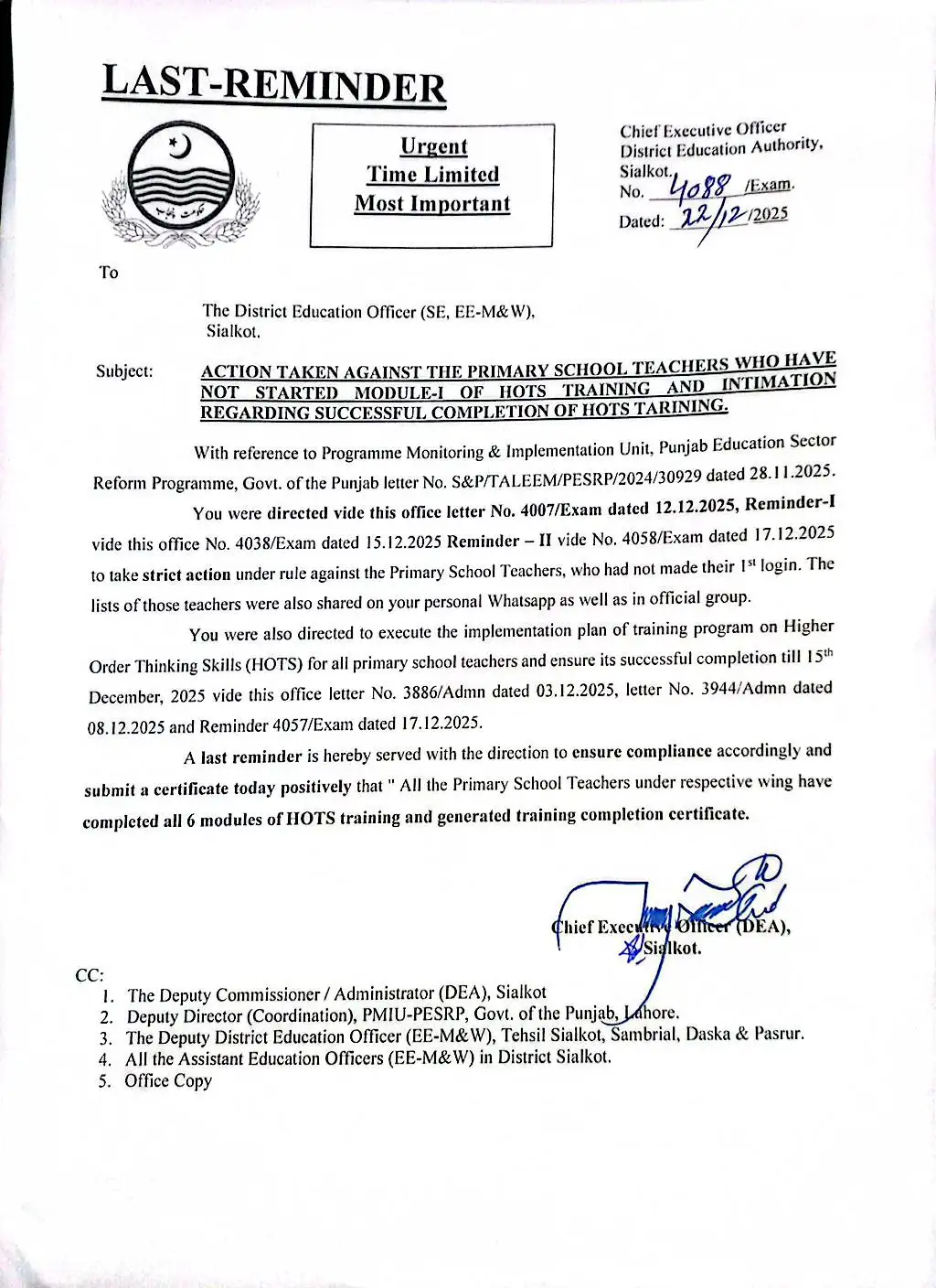 School Teachers must complete all 6 modules of HOTS training