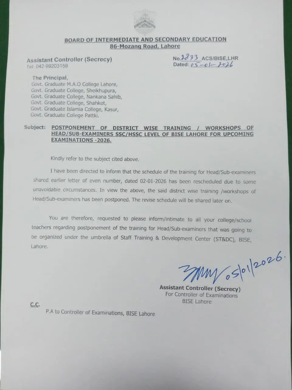 Head/Sub-Examiner Training by BISE Lahore 2026