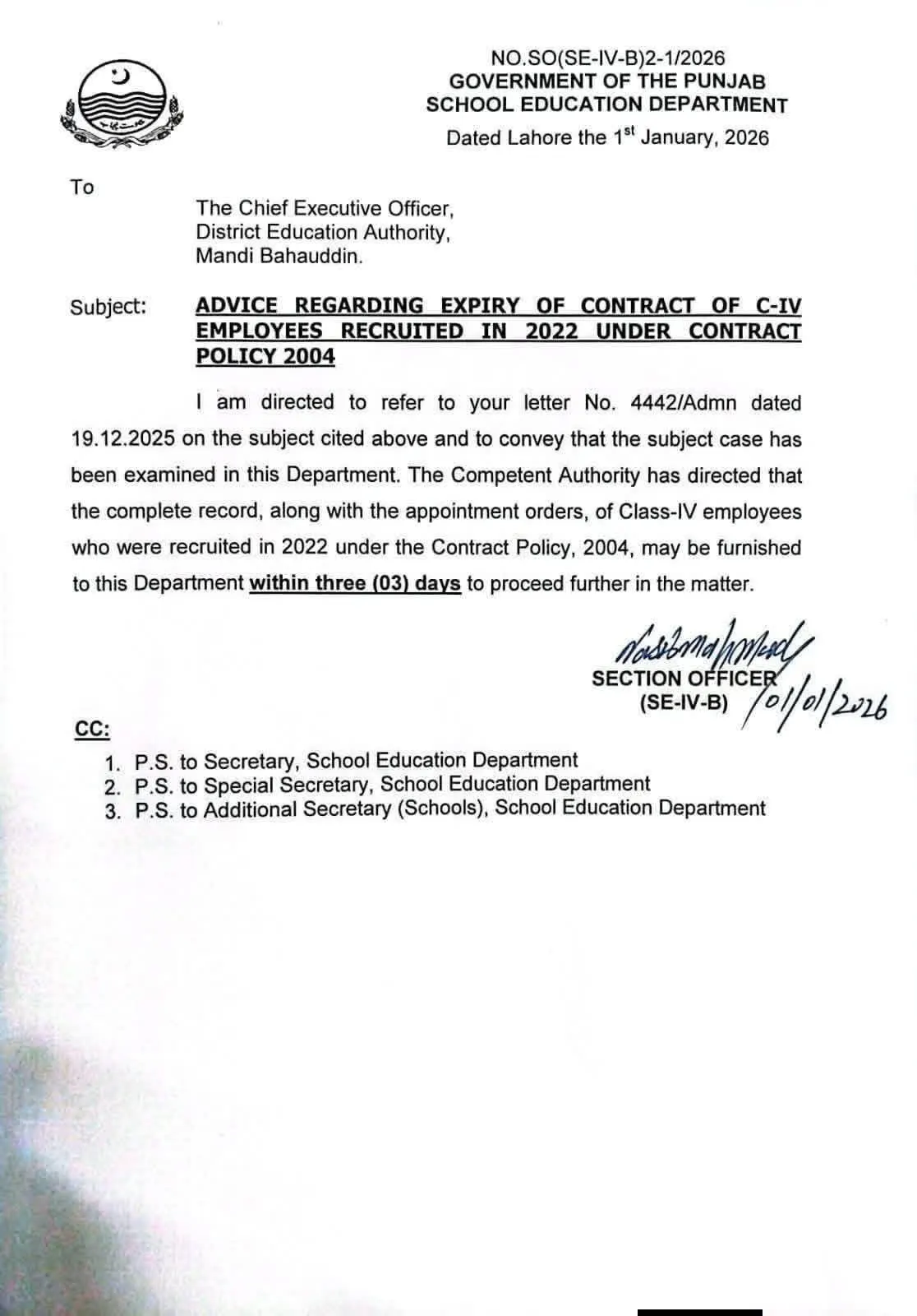 School Education Punjab Class-4 Contract Employees Notification 2026